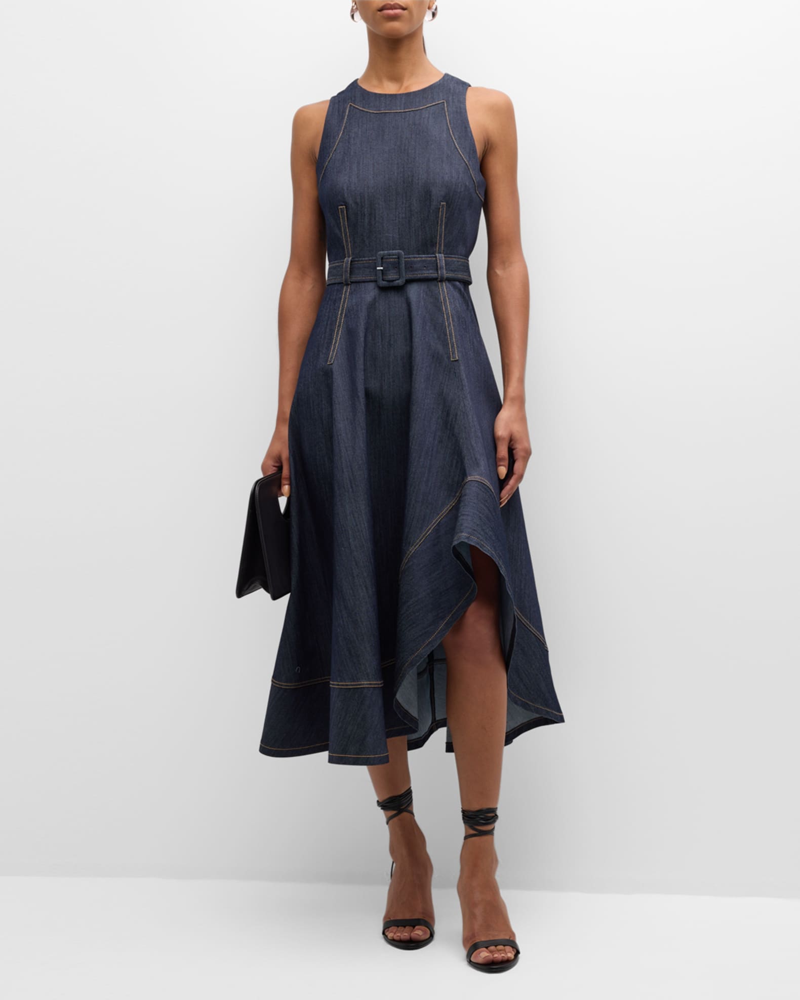 Cinq a Sept Zelda Belted Asymmetric Sleeveless Denim Midi Dress