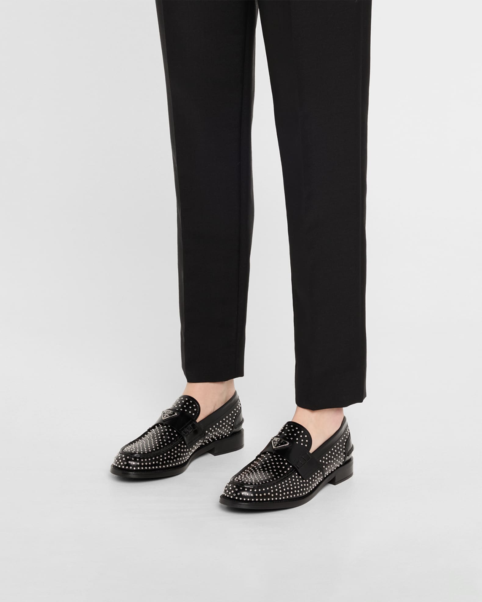 Prada Spazzolato Leather Studded Loafers | Neiman Marcus