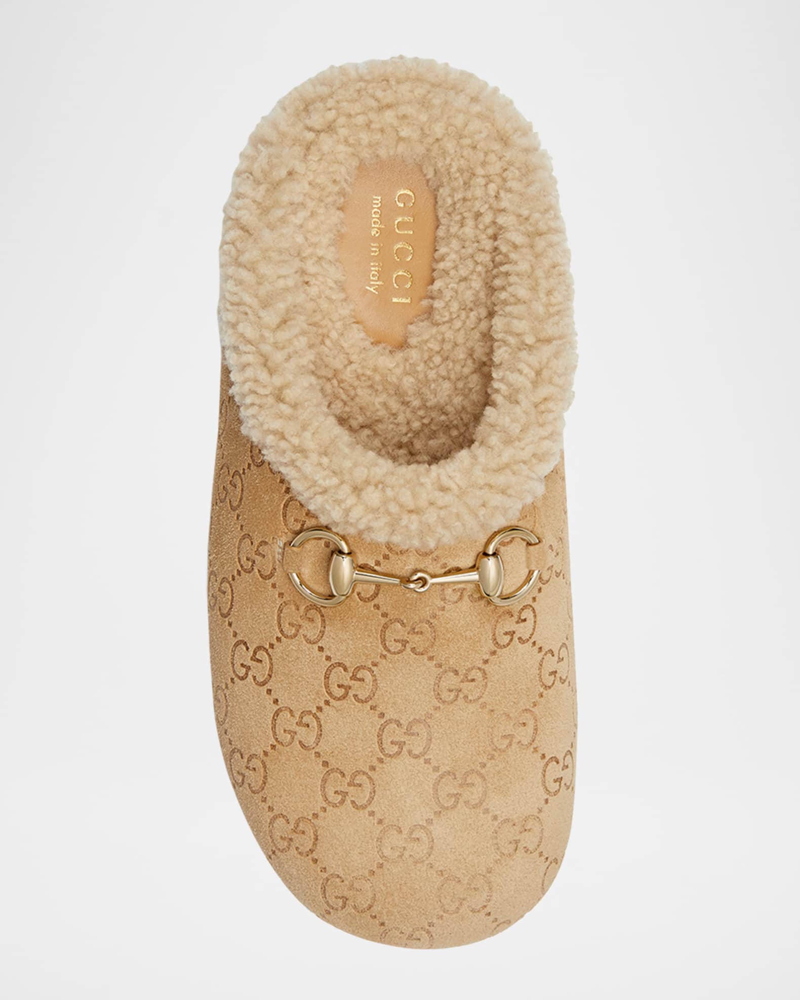 Gucci New Sol Suede Shearling Horsebit Mules | Neiman Marcus