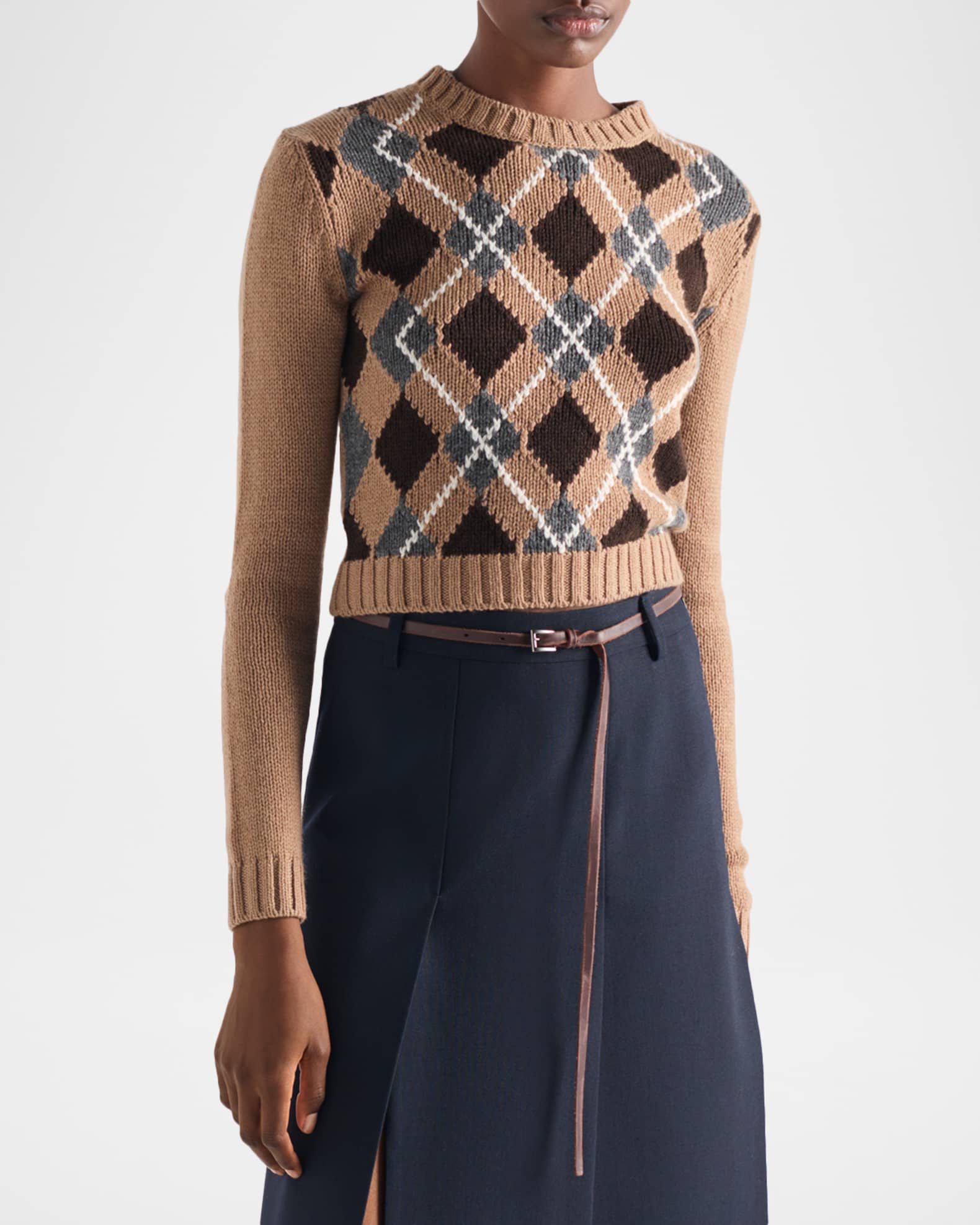 Prada Cashmere Argyle Knit Crewneck Sweater | Neiman Marcus