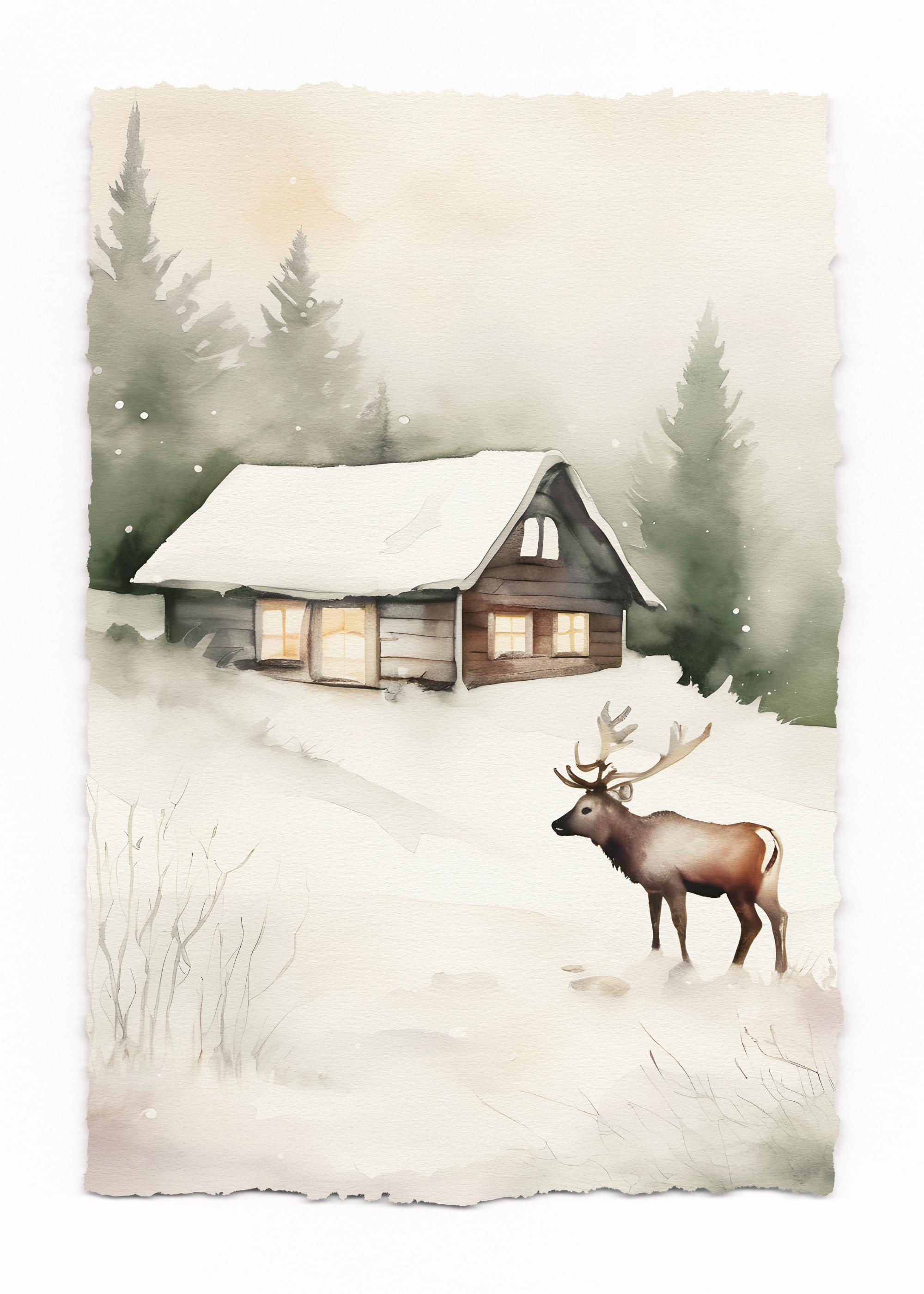 Cozy Winter Cabin Poster with Snowy Forest Art | Poster Store US