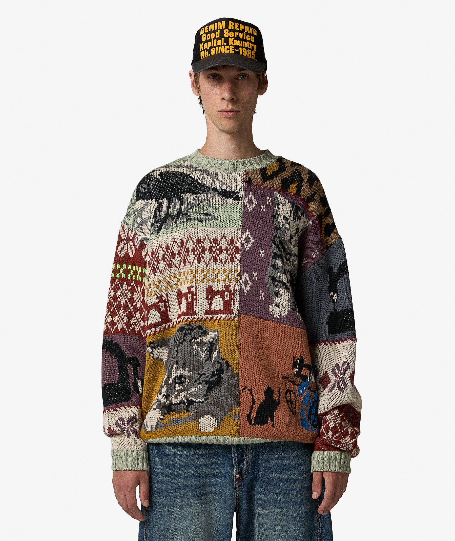 KAPITAL 5G Cotton Knit Patchwork Big Crew Sweater | Mint | SVD USA