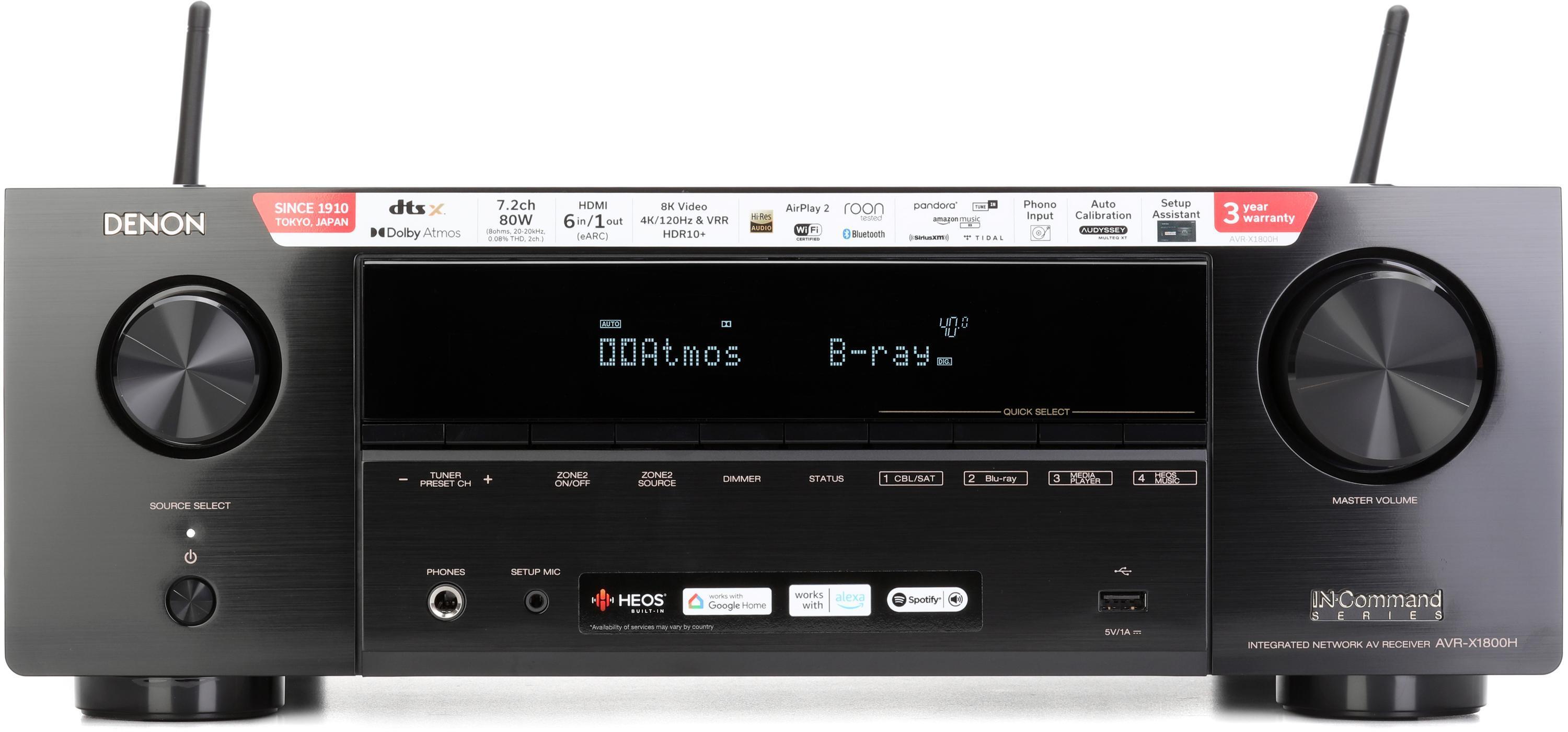 Denon AVR-X1800H 80-watt, 7.2-channel 8K A/V Receiver | Sweetwater