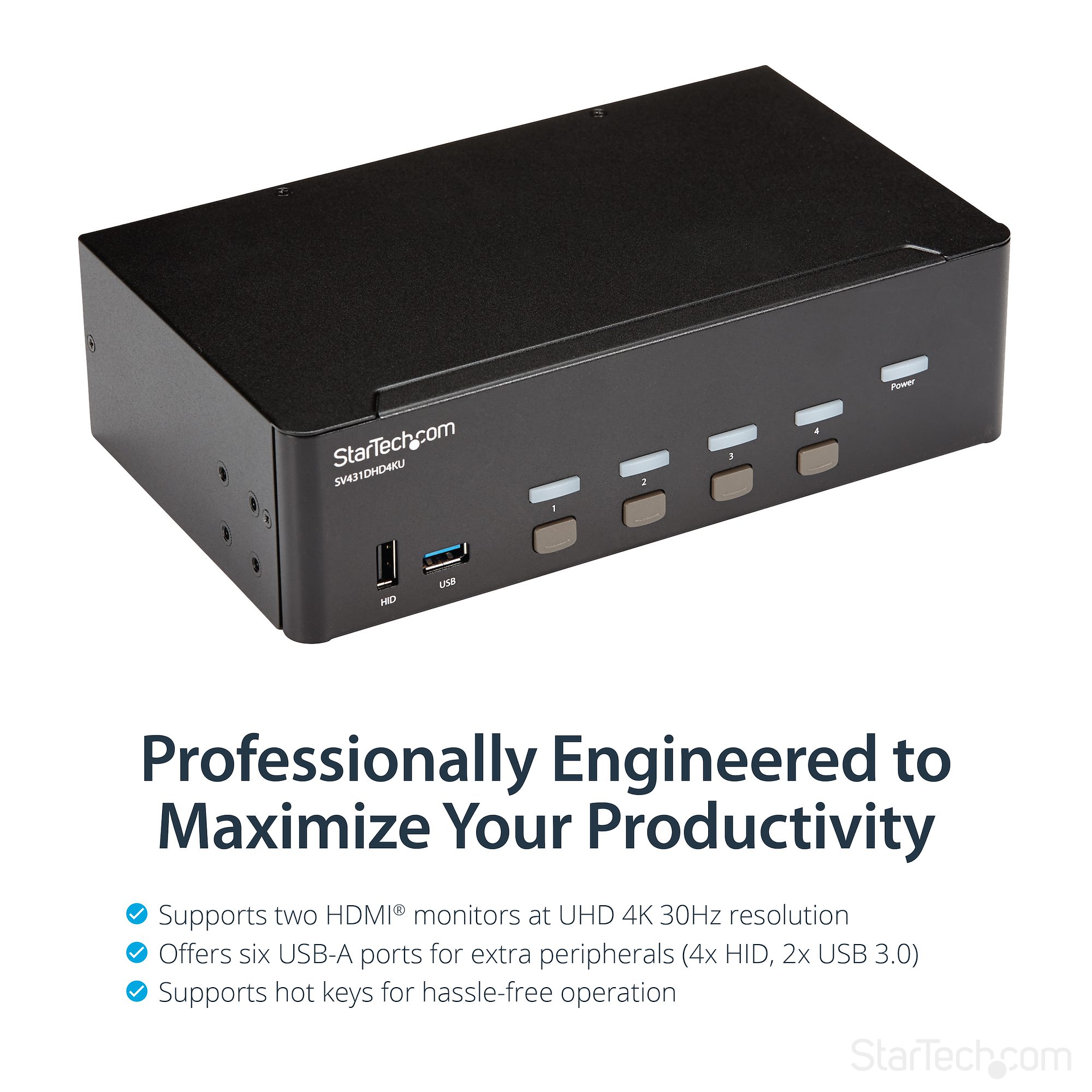 4 Port HDMI KVM Switch - 4K 30Hz - Dual Display - TAA