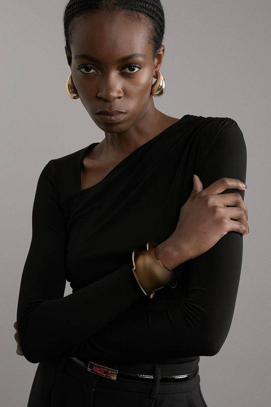 Tops | Jersey Crepe Long Sleeve Ruched Bodysuit | KarenMillen