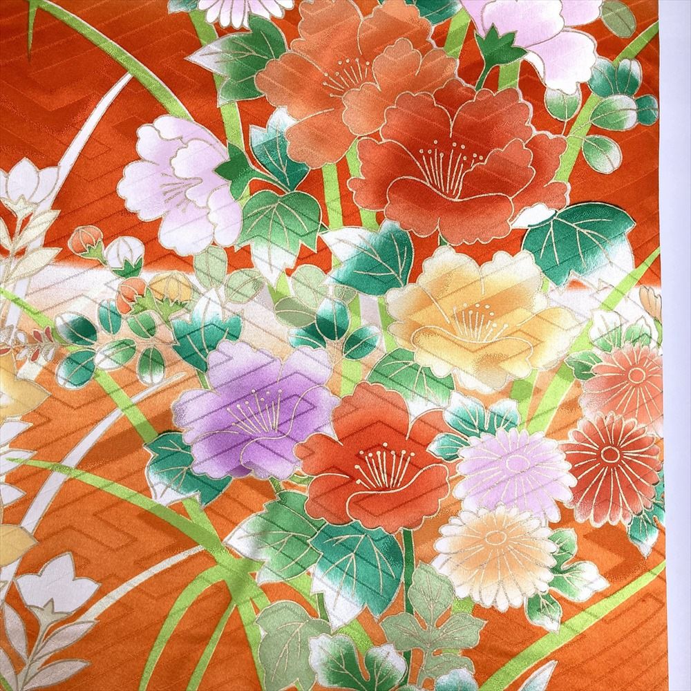 中古）振袖 オレンジ フォーマル 金駒刺繍 地紋織り ぼかし染め 牡丹