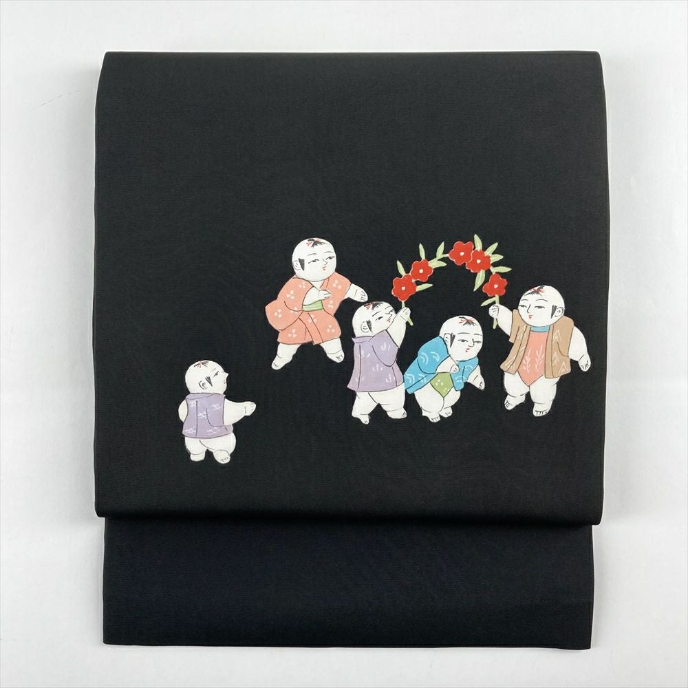 中古）九寸名古屋帯 黒 緞子 刺繍 御所人形 子供 童 「名月」 「花影