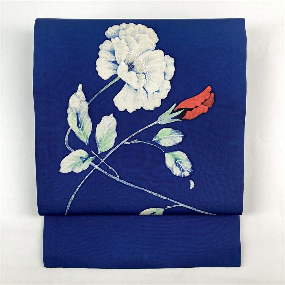 中古）名古屋帯 青色 カジュアル 名古屋仕立て 塩瀬 染め 花葉