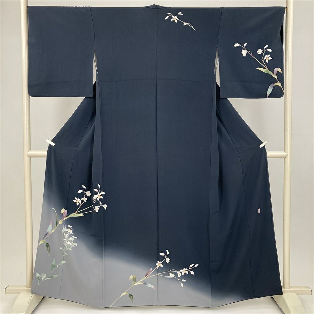 中古） 訪問着 ブルーグレー 紺 セミフォーマル 蘭 菊 袷 絹【身丈