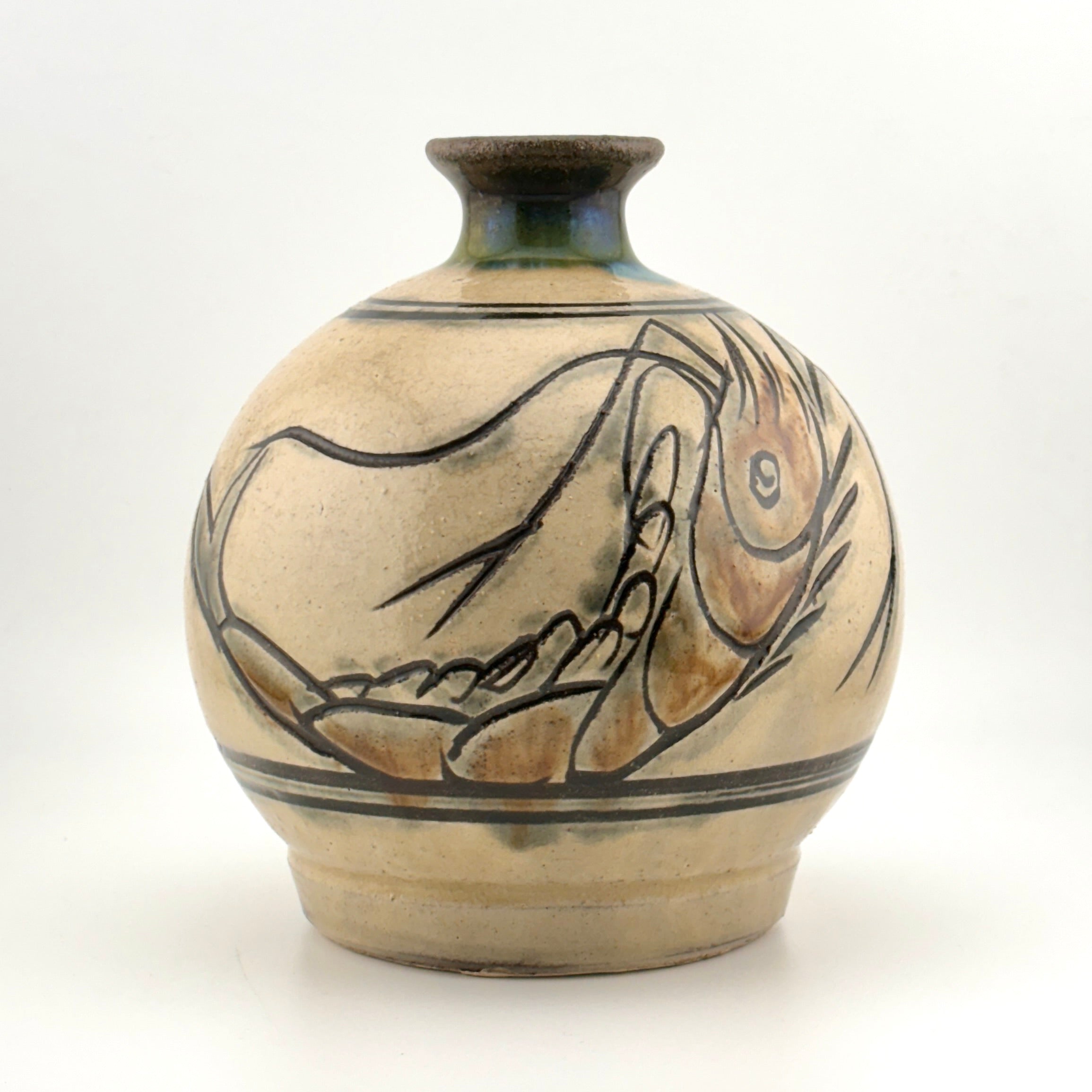 壺屋焼 人間国宝 金城次郎作 海老魚文壷 – 生活民芸 なかむた