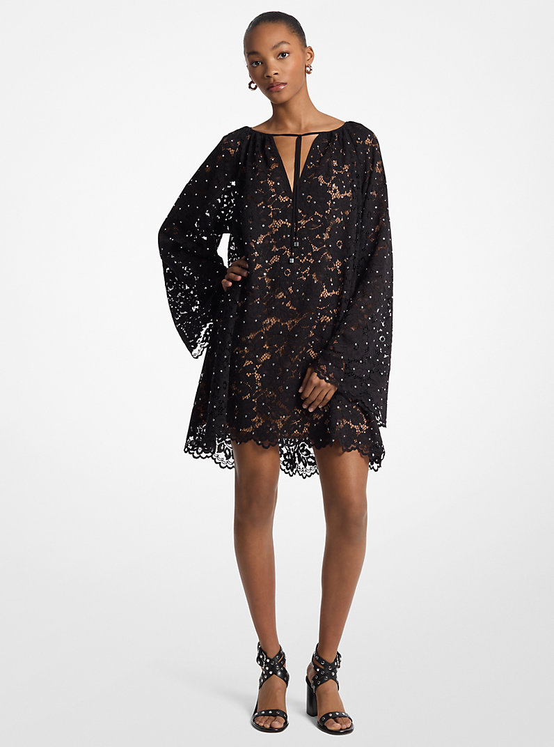 Studded Corded Floral Lace V-Neck Dress in BLACK - Sale | Michael