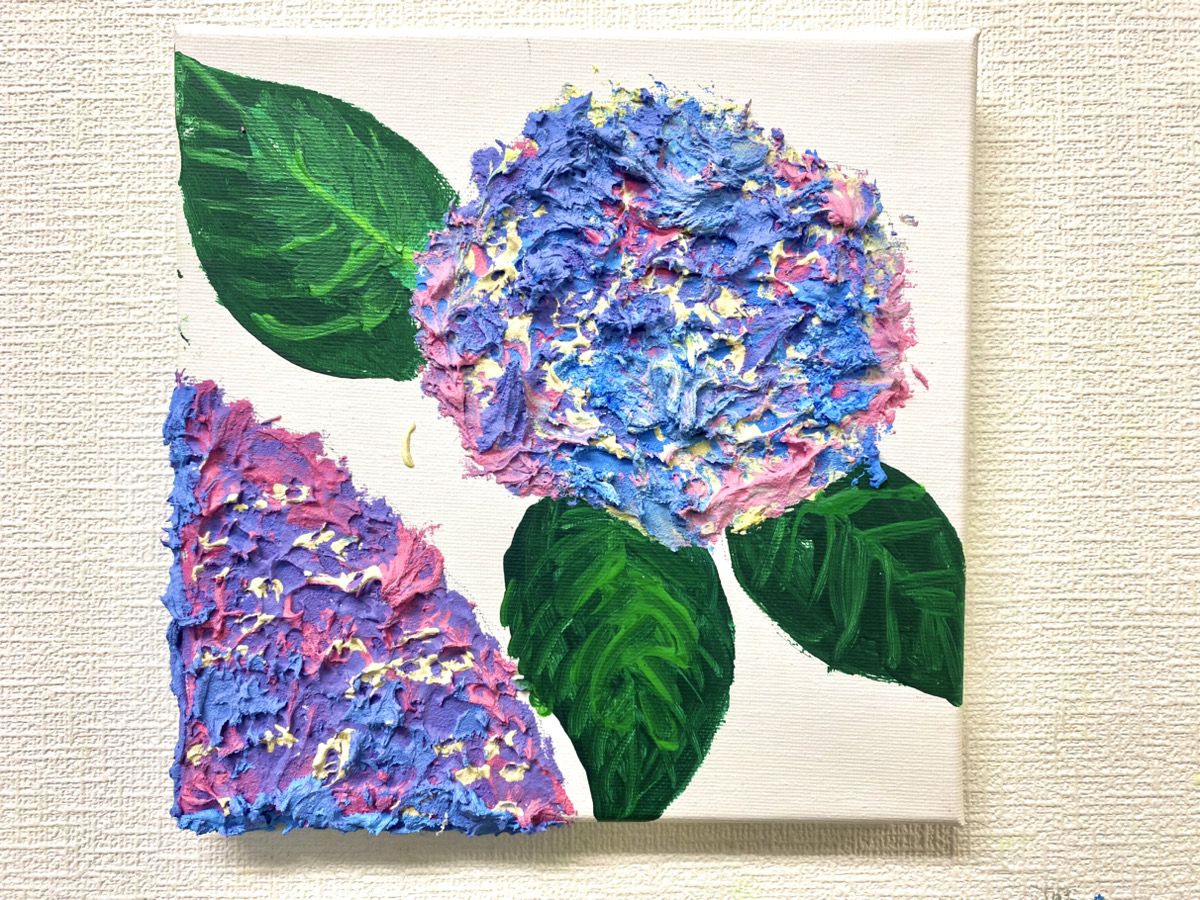 あじさいの「テクスチャーアート」を親子で体験！キャンバスに描く油絵