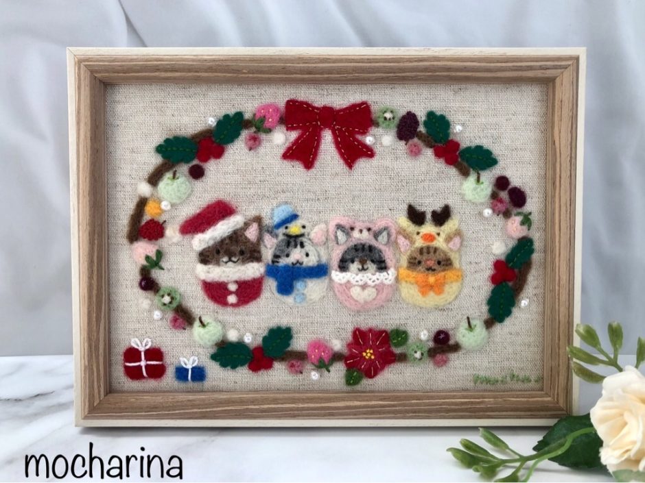 羊毛フェルトの4匹のねことクリスマスの額飾り・まとめ - mocharina