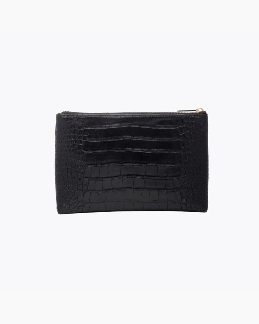 Black Croc Insulated Pouch: Chic Vegan Leather Snack + Cosmetic