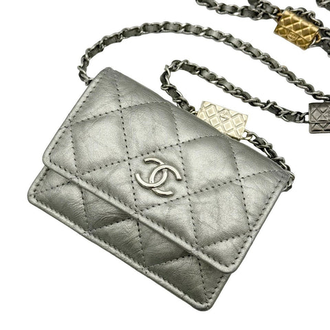 中古】 CHANEL シャネル ミニチェーンウォレット ポーチ シルバー
