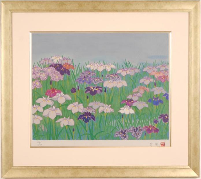 三輪晁勢がリトグラフの版画で制作した和の花の絵画「菖蒲」を通販で販売