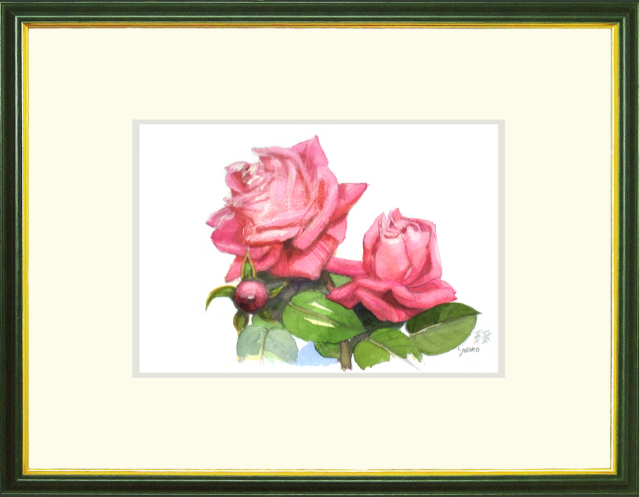 水彩画・志村好子「薔薇」（絵寸160×242・額寸318×410mm）