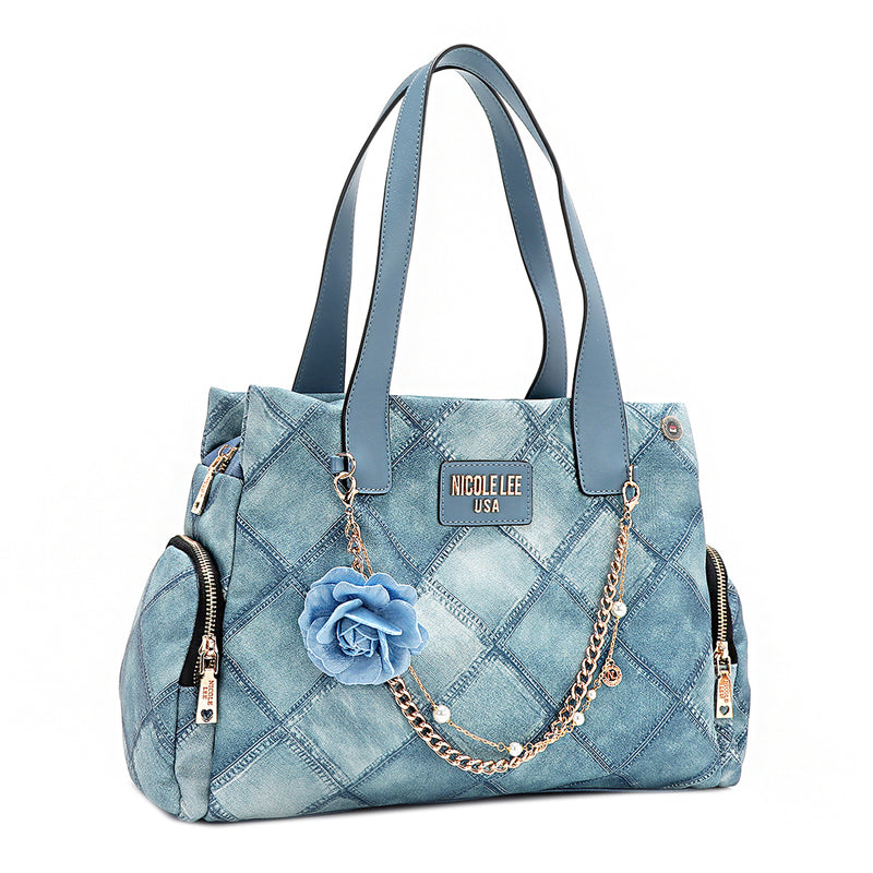 Blue Flower Handbag, Embellished with Detachable Flower Pearl
