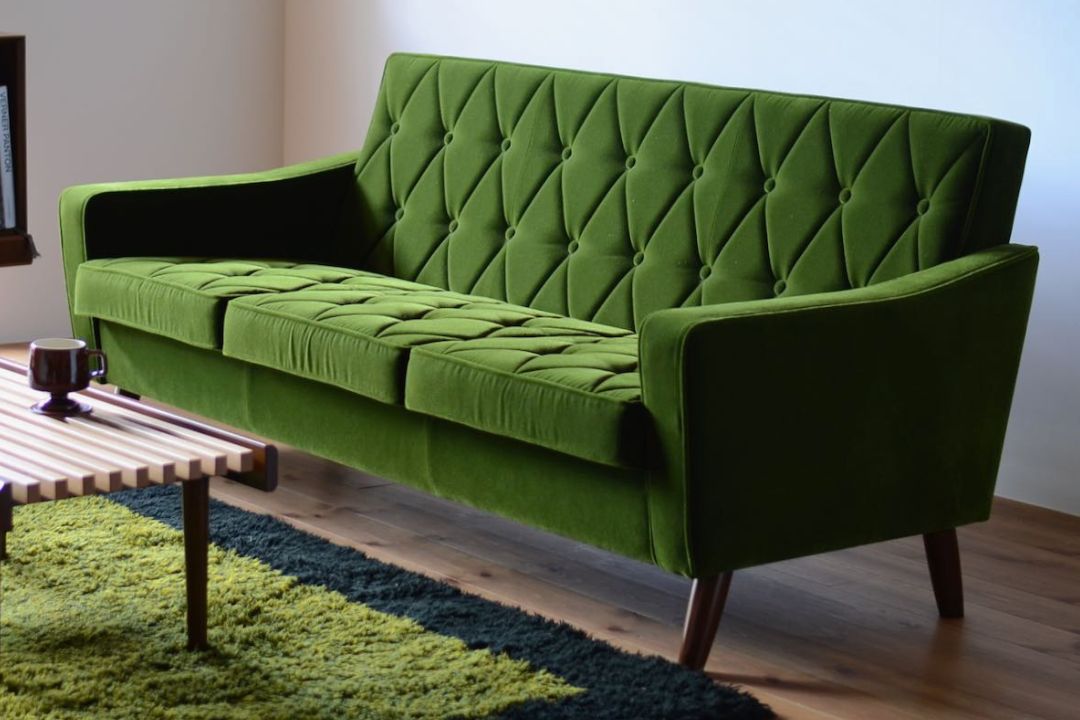 昭和レトロ オールド カリモク グリーン モケット コーナーソファ②