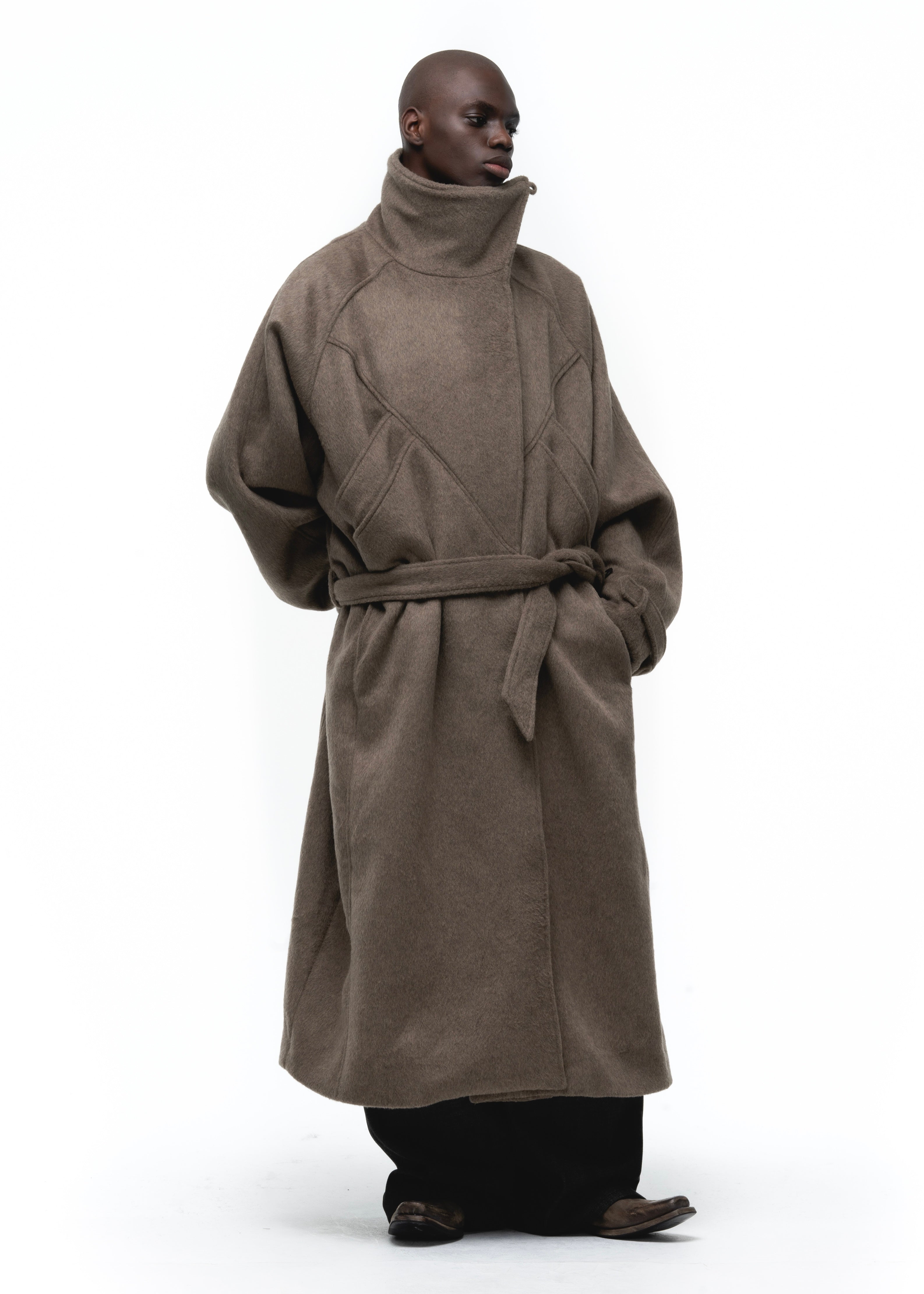 ASYMMETRICAL WOOL COAT EARTH GREEN – NO/FAITH STUDIOS