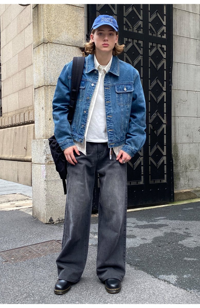 アメリカンレトロスタイル アッシュグレー ストレートデニムパンツ