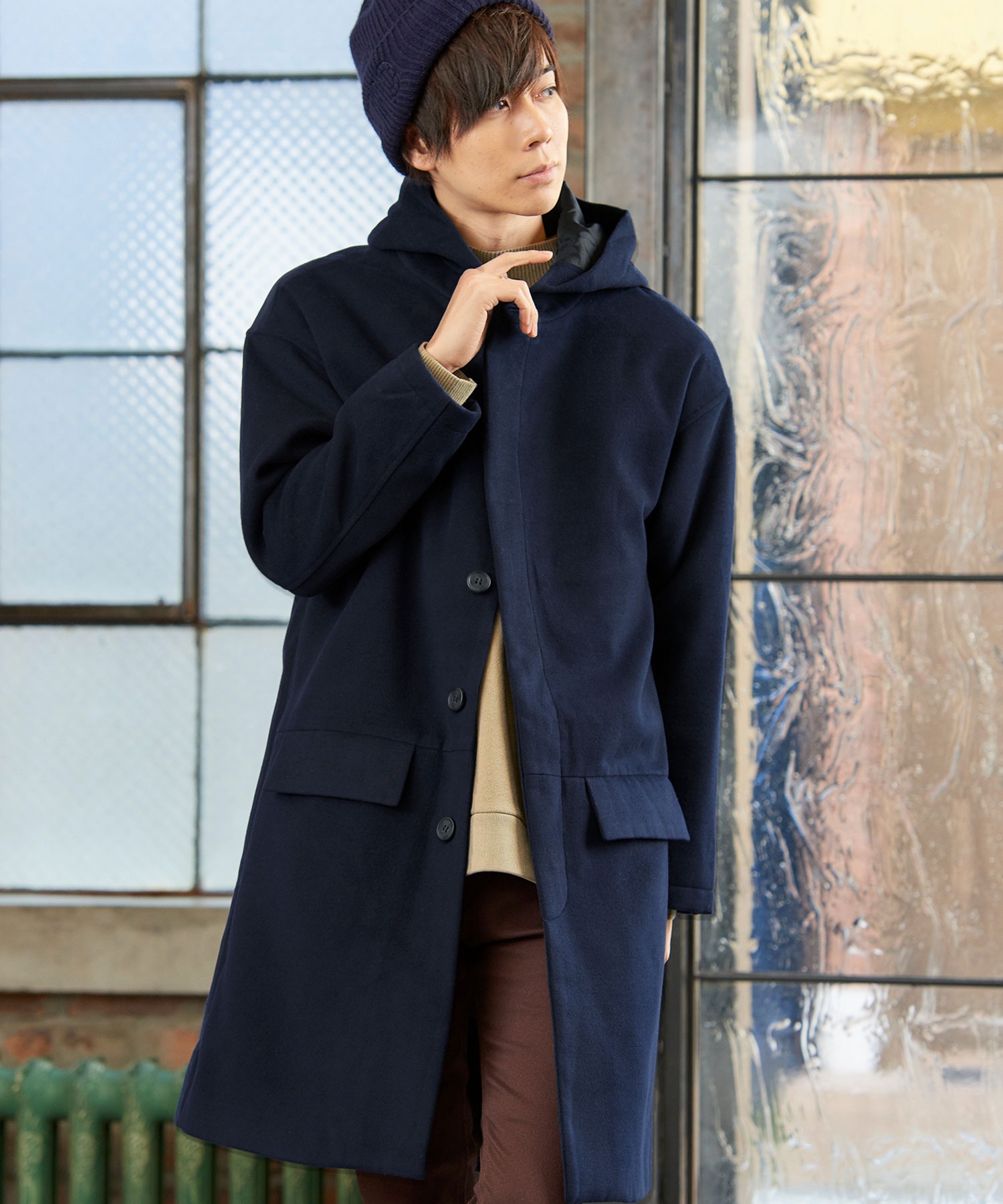 シャギーメルトンオーバーサイズフーデッドロングコート(MONO-MART