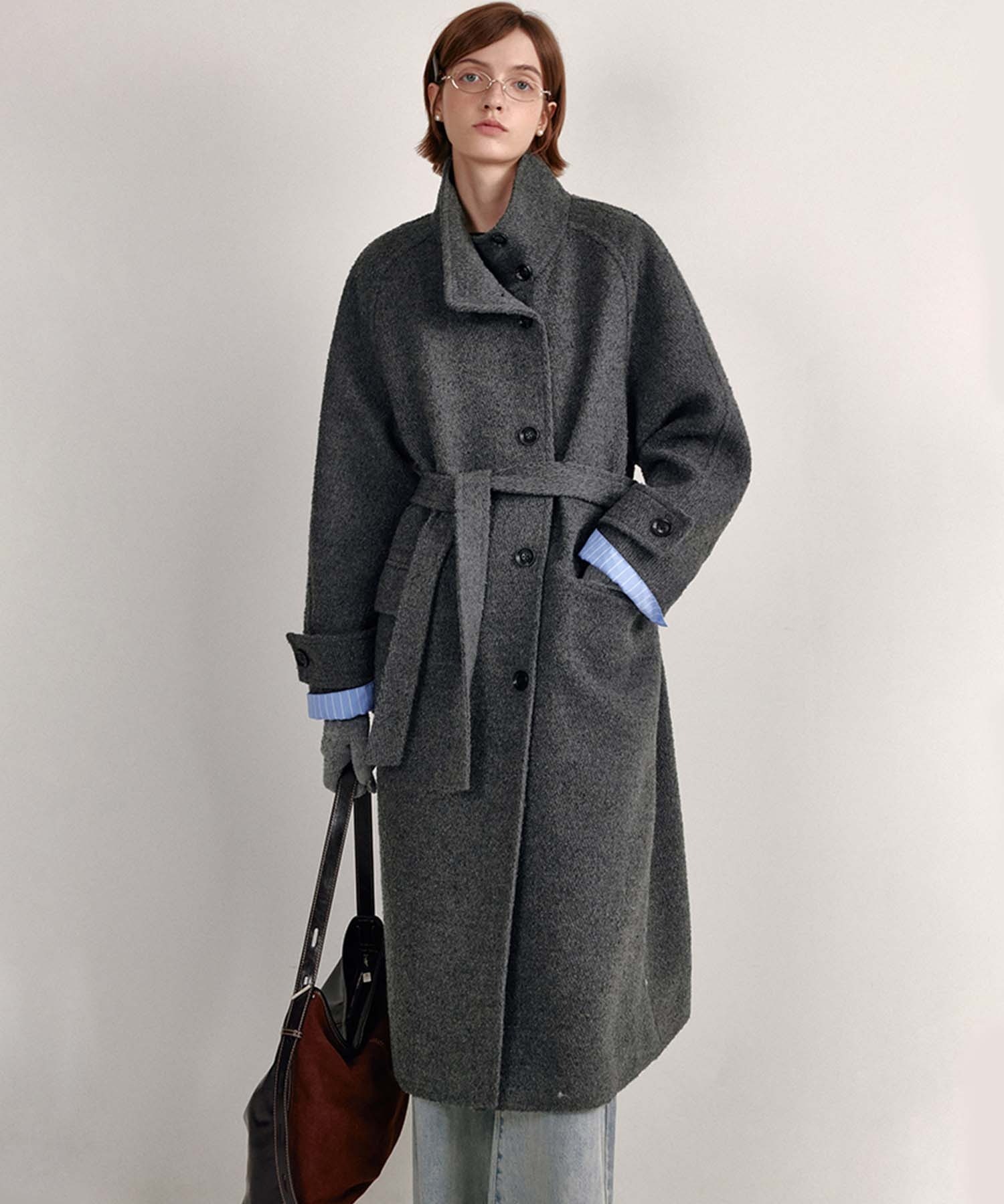 スタンドカラー ウエストベルト付き ウールロングコート FD24W410