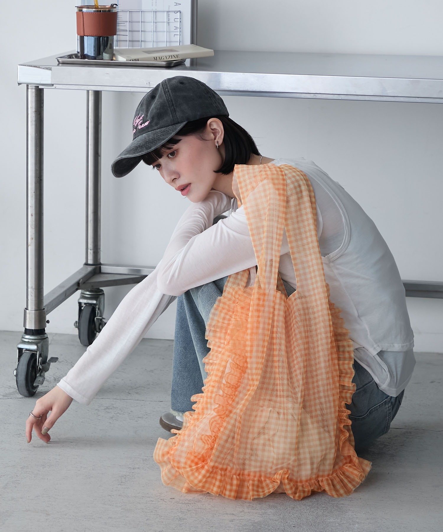 forksy.】シアーギンガムチェックリバーシブルフリルトートバック