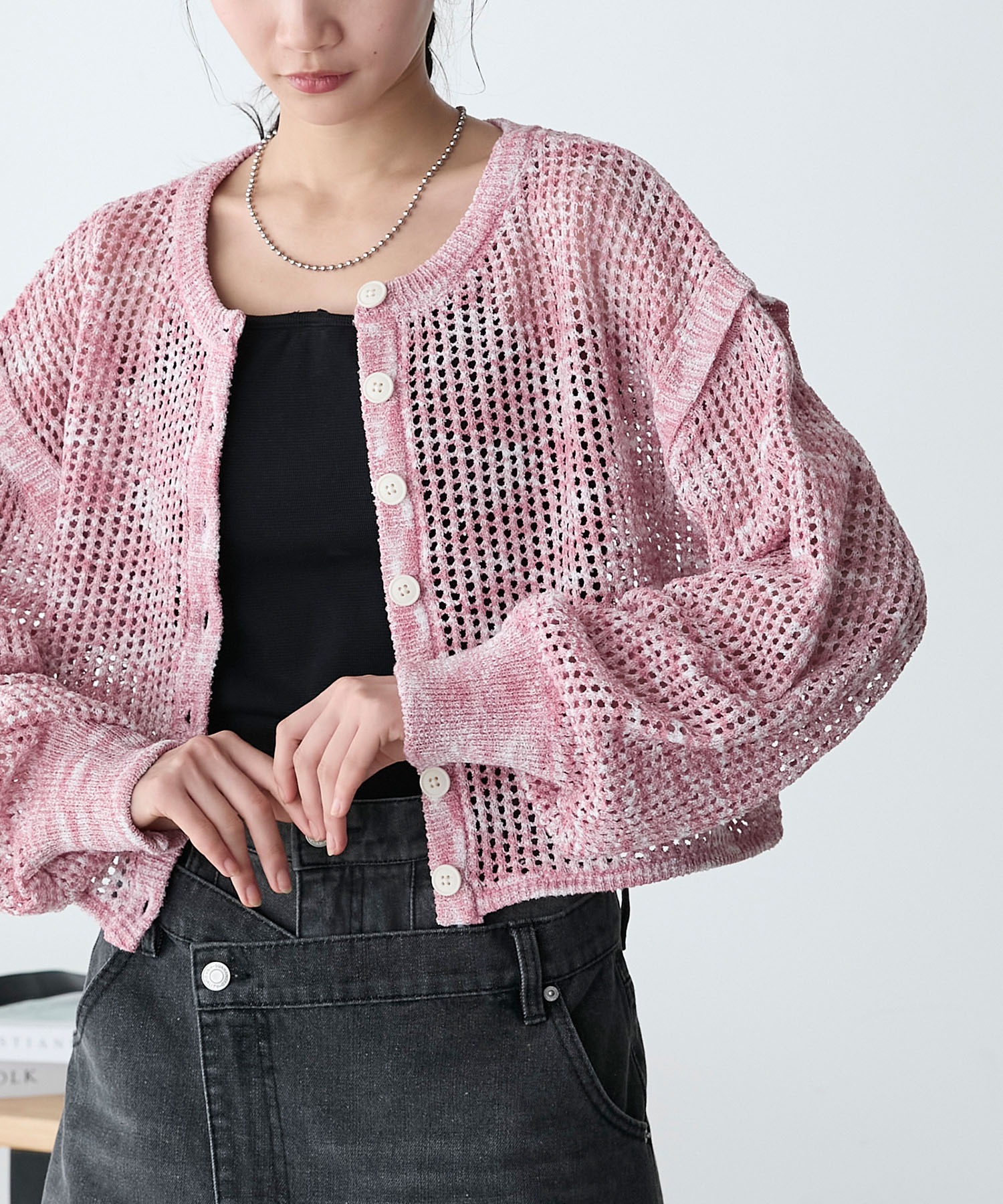 forksy.】2WAYクロップドメランジメッシュニットカーディガン/ベスト