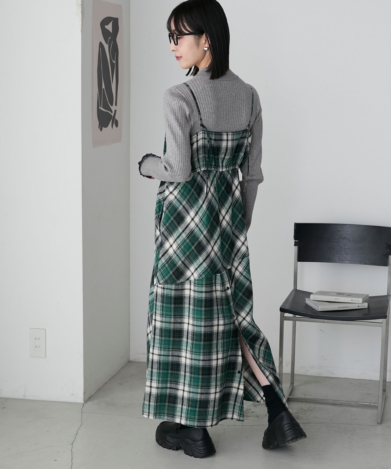 forksy.】チェック柄ボタンスリットマルチウェイキャミワンピース