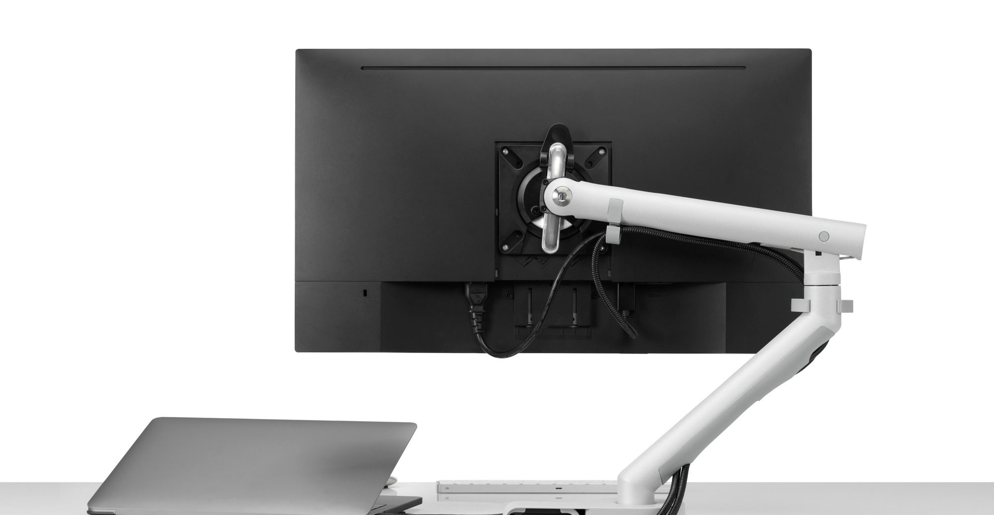 特殊なスプリング機構を持つデザイン性の高いフローモニターアーム(Flo