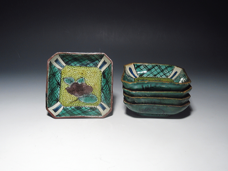 古九谷 吉田屋窯 青手椿文 角小皿 5枚組【文政】 ｜ 古陶磁 大林師友堂