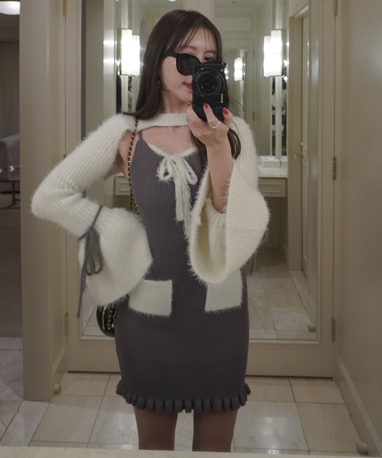 ribbon feather tops×rib onepiece set(M GREIGE): ワンピース｜PMbox