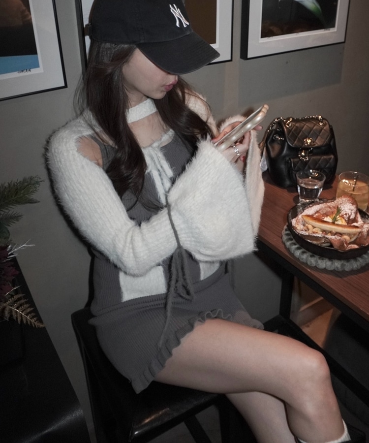 ribbon feather tops×rib onepiece set(M GREIGE): ワンピース｜PMbox