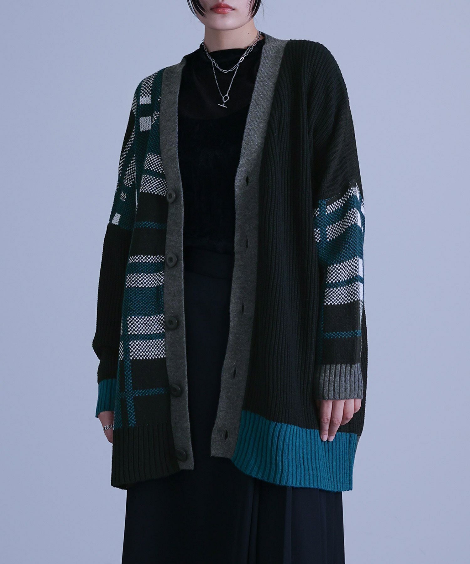 kOhAKUアシメチェック柄ニットカーディガン』