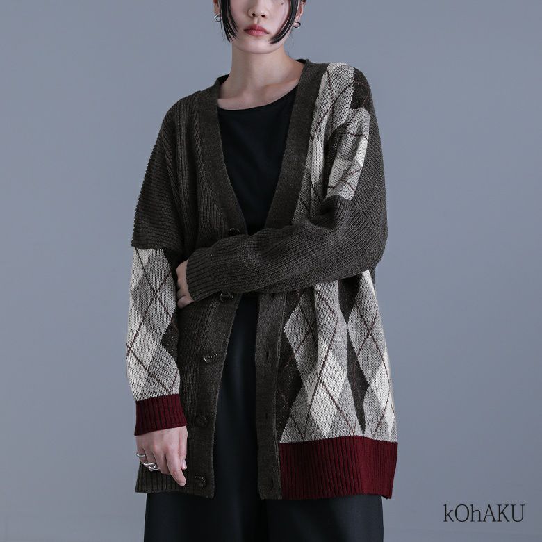 kOhAKUアシメアーガイル柄ニットカーディガン』【メール便不可】【30