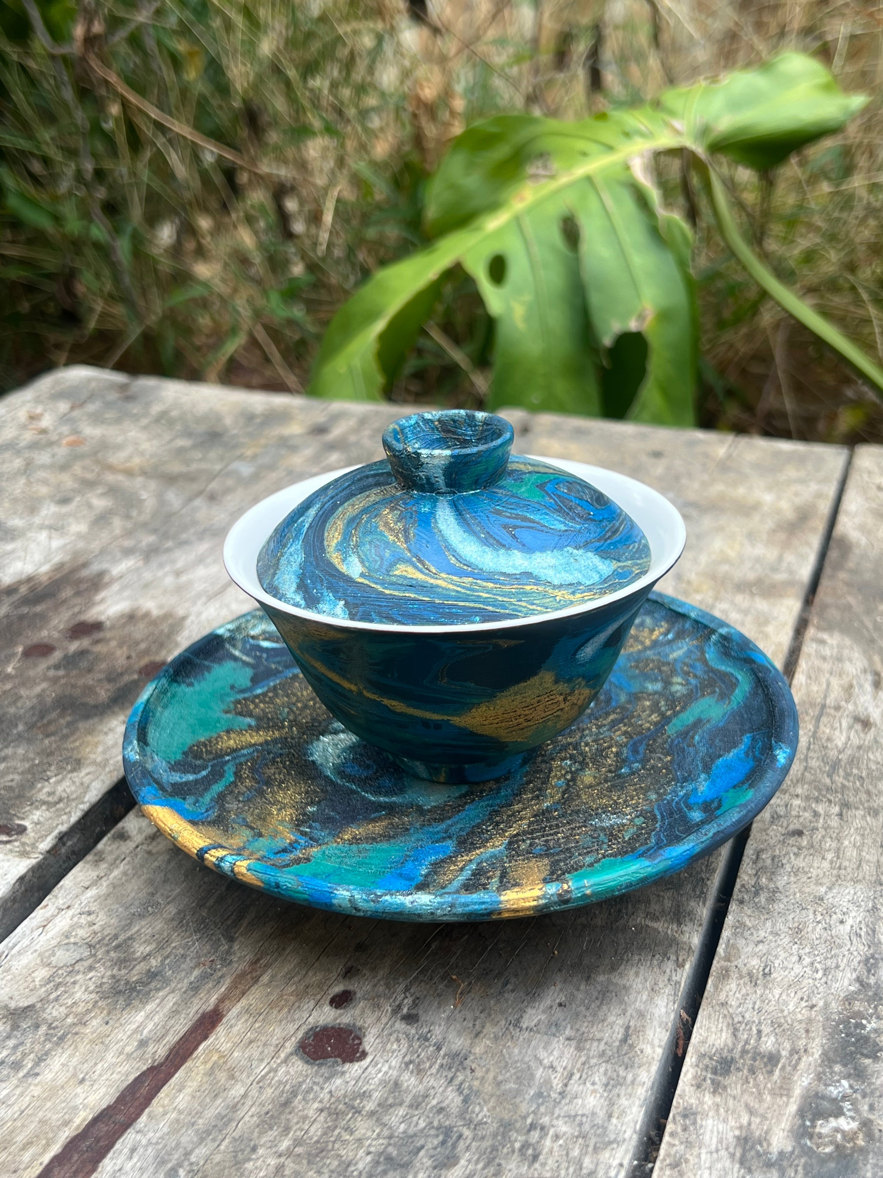 Handcrafted Chinese Lacquer Ware Blue Gaiwan Jingdezhen Pottery