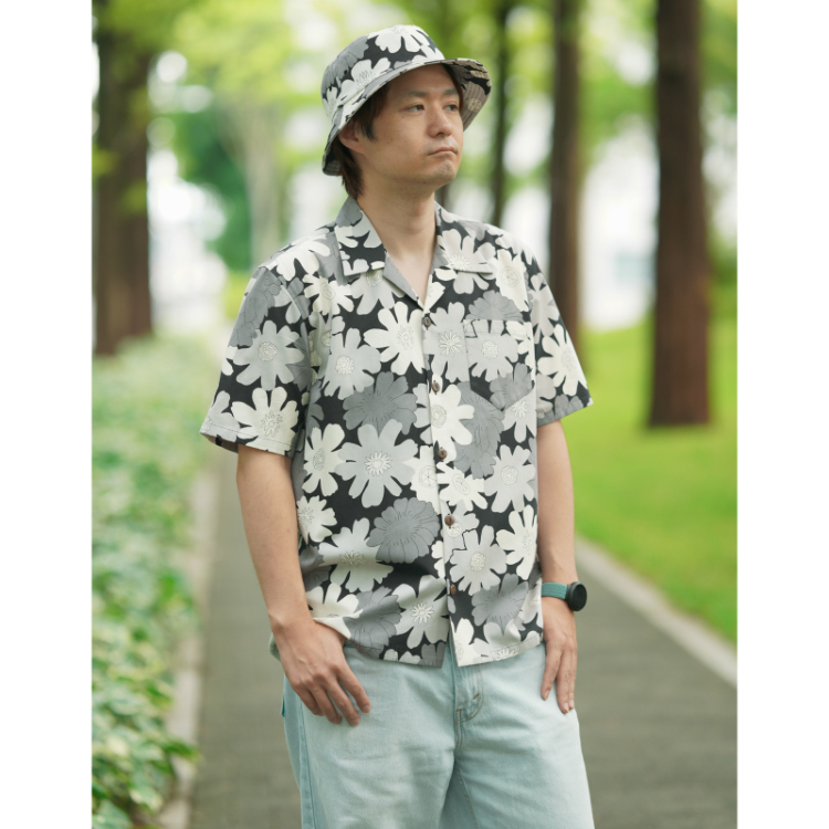 花柄 バケットハット ＜秋桜/白黒＞ | 京友禅アロハシャツ【Pagong