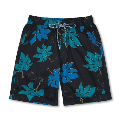 和柄 KIMONOショーツ ＜鞍馬天狗のうちわ/紺赤＞ | 京友禅アロハシャツ