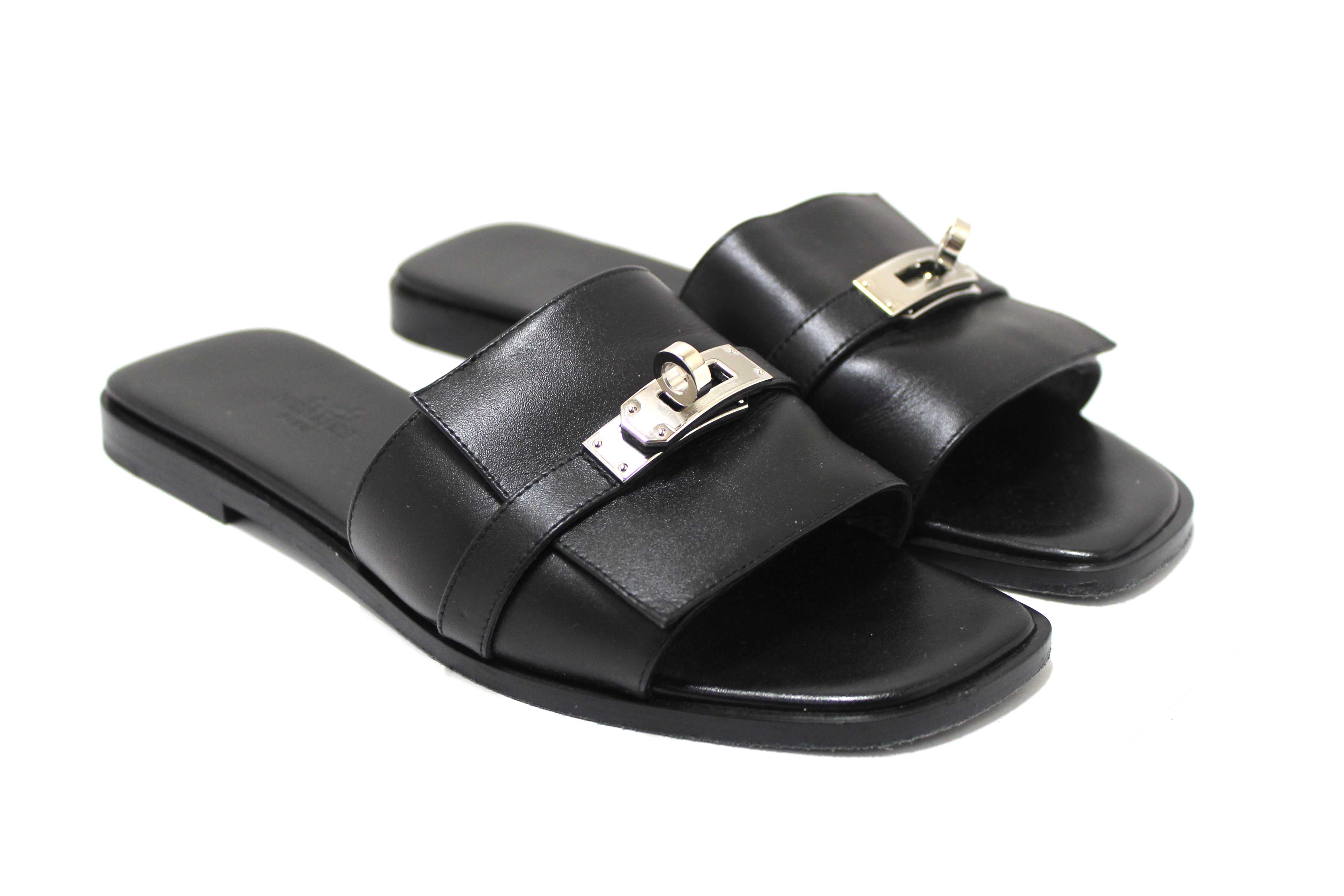 Authentic Hermes Black Calfskin Leather Giulia Flat Sandals Shoes