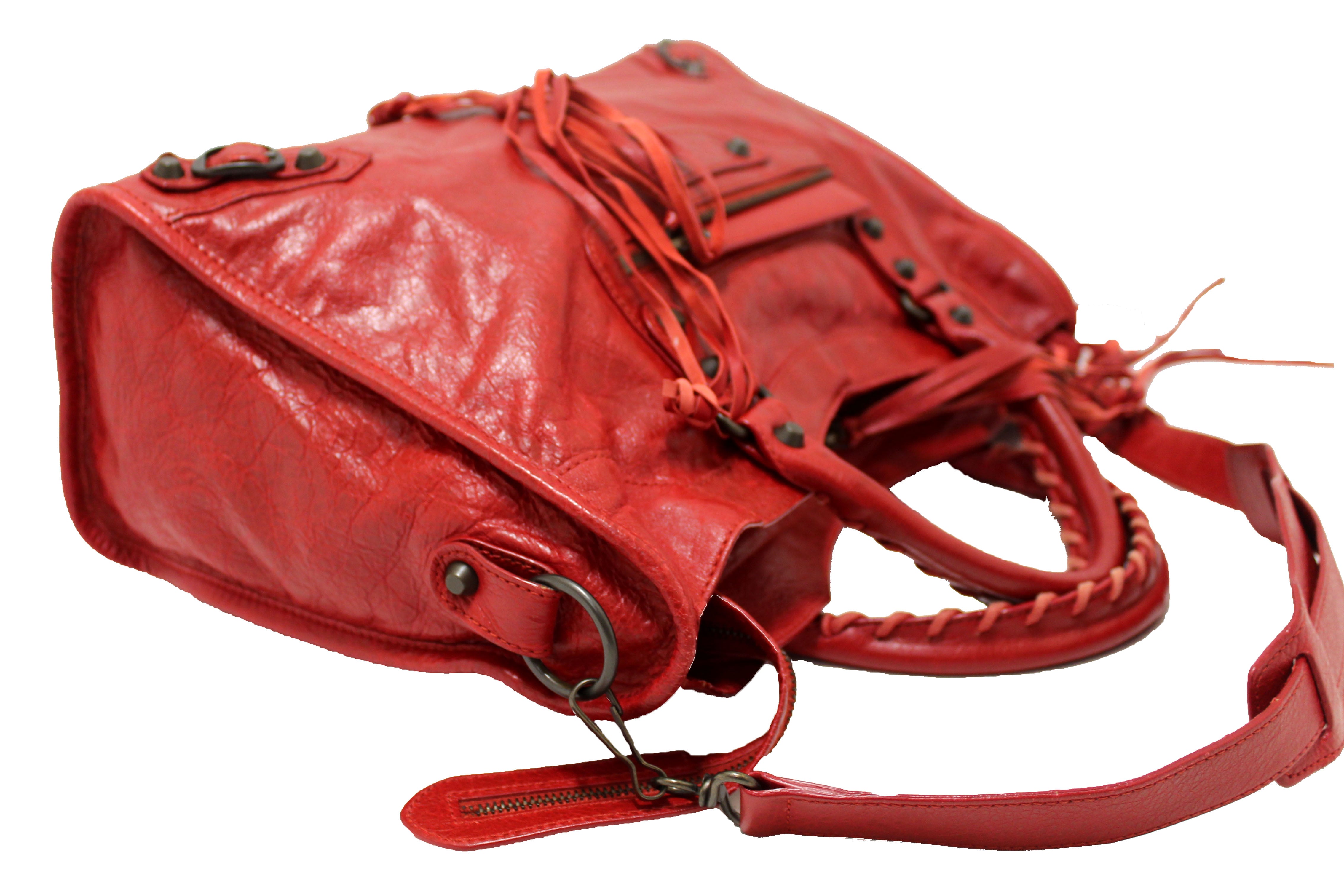 Authentic Balenciaga Red Classic City Lambskin Leather Shoulder