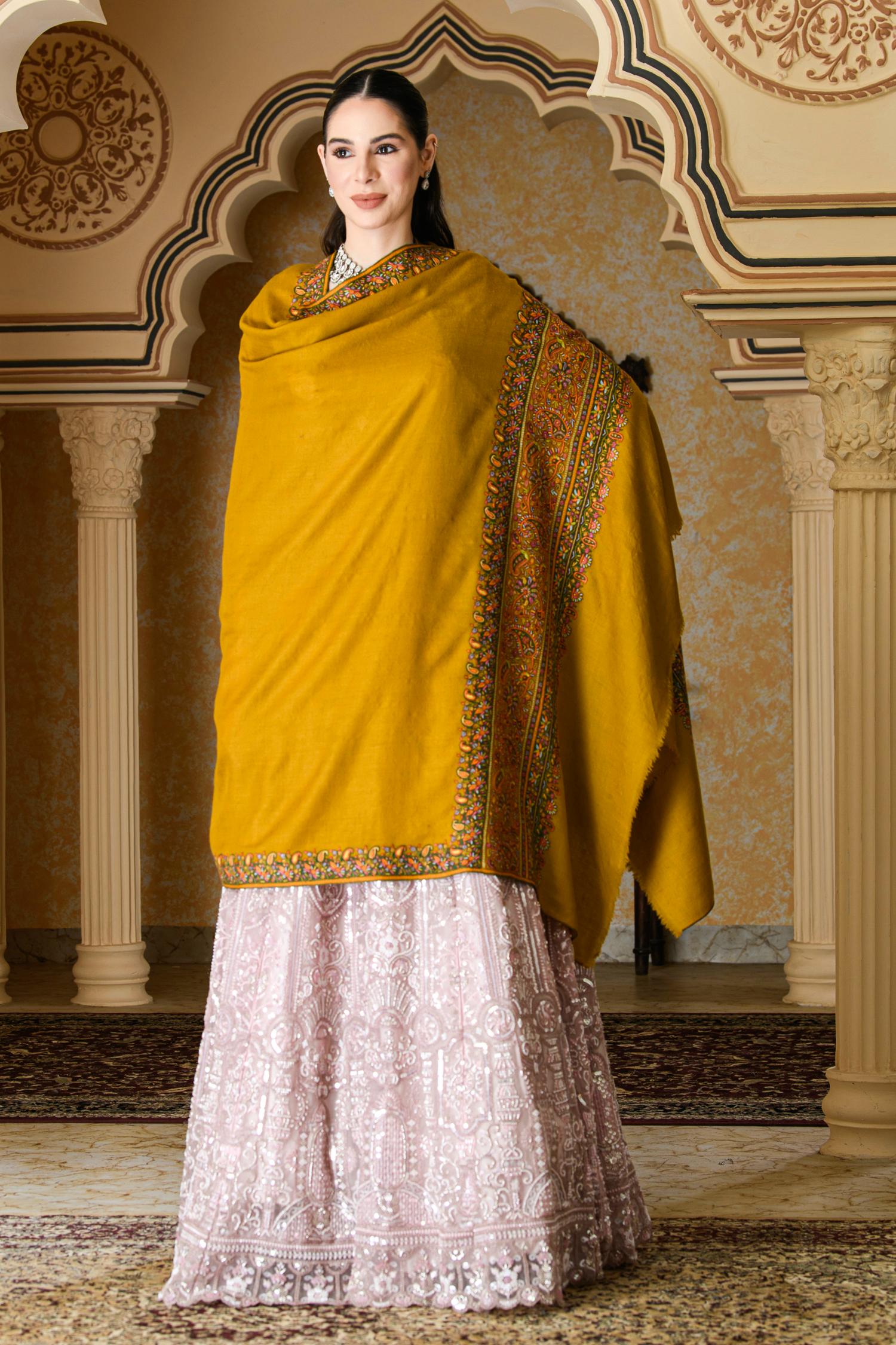 Mustard Pashmina Shawl | Supreme Border Pashmina