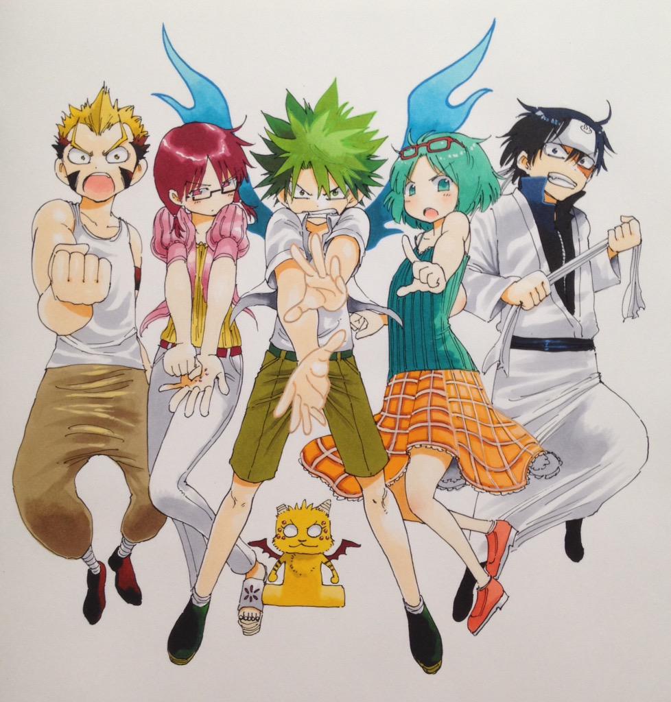 うえきの法則。久しぶりに五人と一匹描いてみたよ。文庫版でも出して