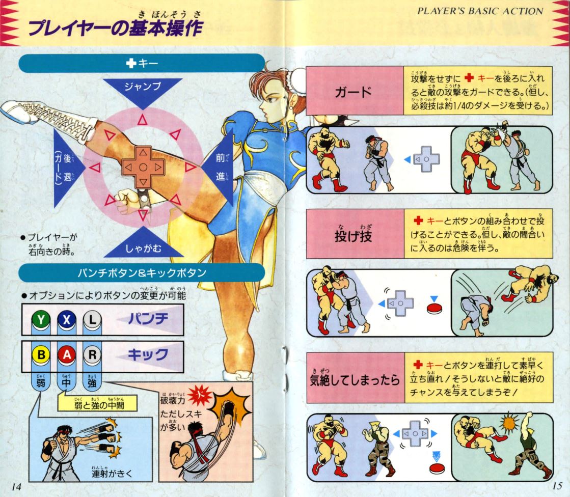 スーパーファミコン版ストⅡの取扱説明書の一部。イラストがたくさん