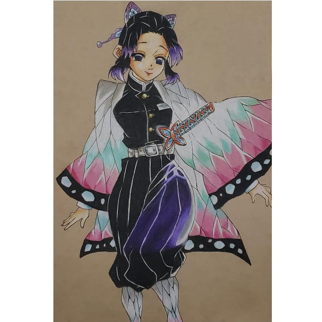 鬼滅の刃6巻表紙模写 クラフト紙にに色鉛筆で塗ってるイラストを