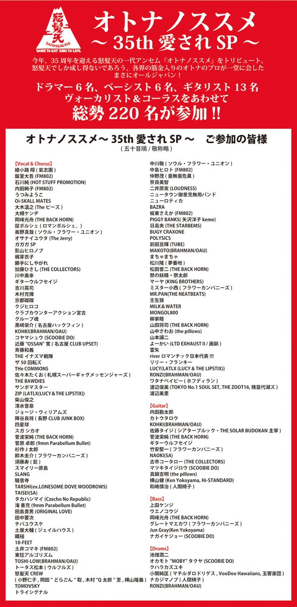 おめでとう！＞ 怒髪天35周年企画、総勢220名による『オトナノススメ