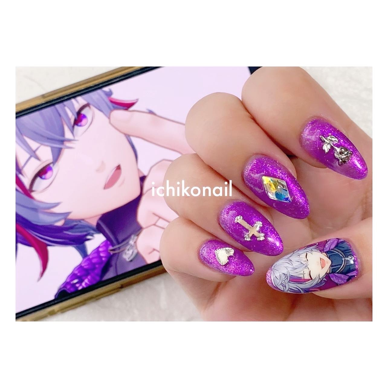 乾杯グラスネイルパーツ痛ネイル推しネイルピンクパープル