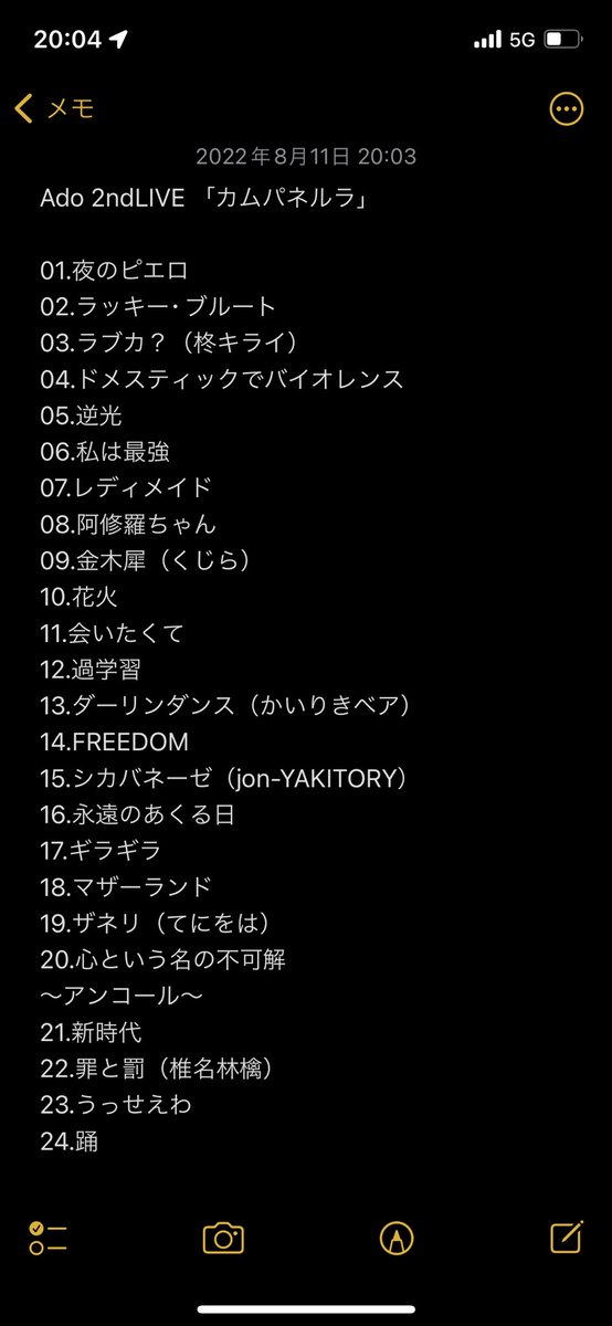 Ado カムパネルラ セットリスト Ado 2nd LIVE カムパネルラ〜Set list