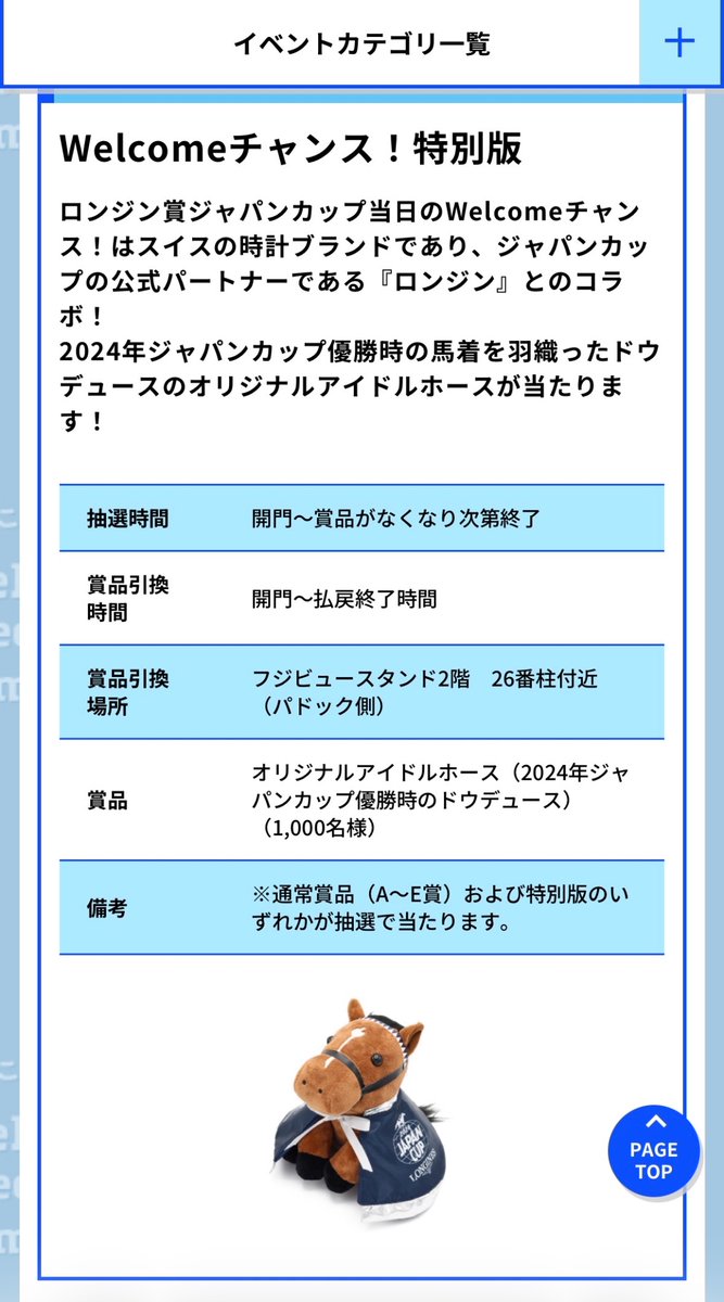 今年のジャパンカップのウェルカムチャンスは、景品が超豪華です