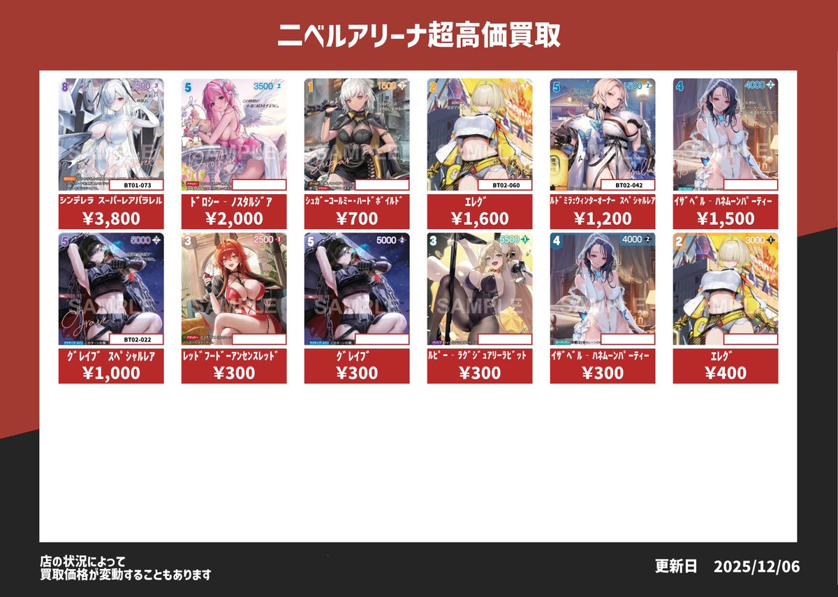 📢【ニベルアリーナ超高価買取】更新しました‼️ 本日 12/06 時点の